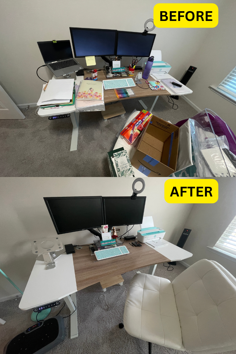 Before image showing a messy desk covered in papers, notebooks, and other work items. An after photo showing the desk is clear of unnecessary items, only pc keyboard, printer, and a few pens are on surface. All other items now have a dedicated home.