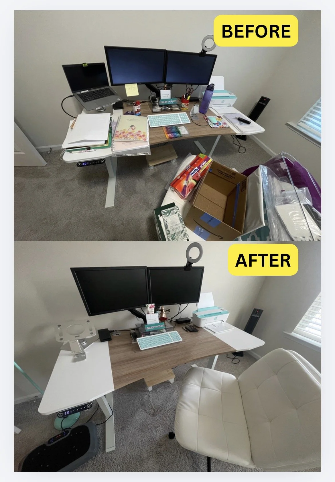 Before and After pictures of a desk. The before shows desk covered in office supplies. The After shows a usable desk with a clear work surface. All supplies are within reach.