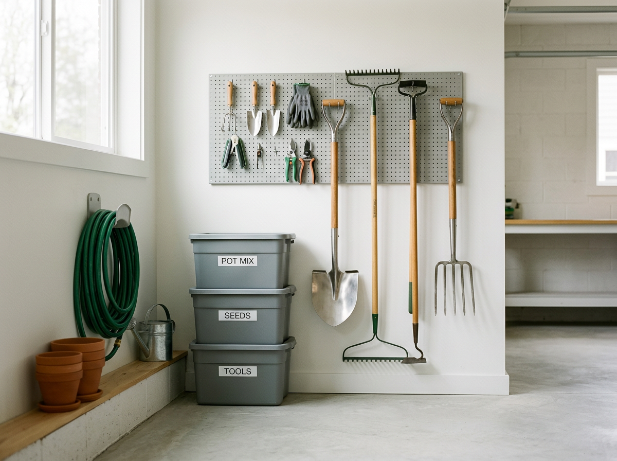 A tidy garage zone with gardening tools grouped together, labeled bins, and clear floor space.