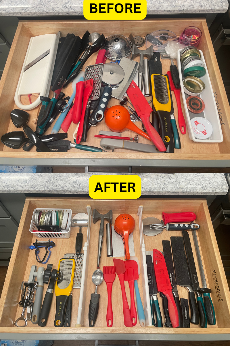 BEFORE AND AFTRE PICTURES ILLUSTRATING A MESSY CHAOTIC KITCHEN DRAWER OF COOKING UTENSILS AND ANDOTHER PHOTO SHOW IT HAS BEEN DECLUTTERED AND REORGANIZED NEEDED ITEMS ARE TIDY AND EASY TO FIND APPEARANCE.