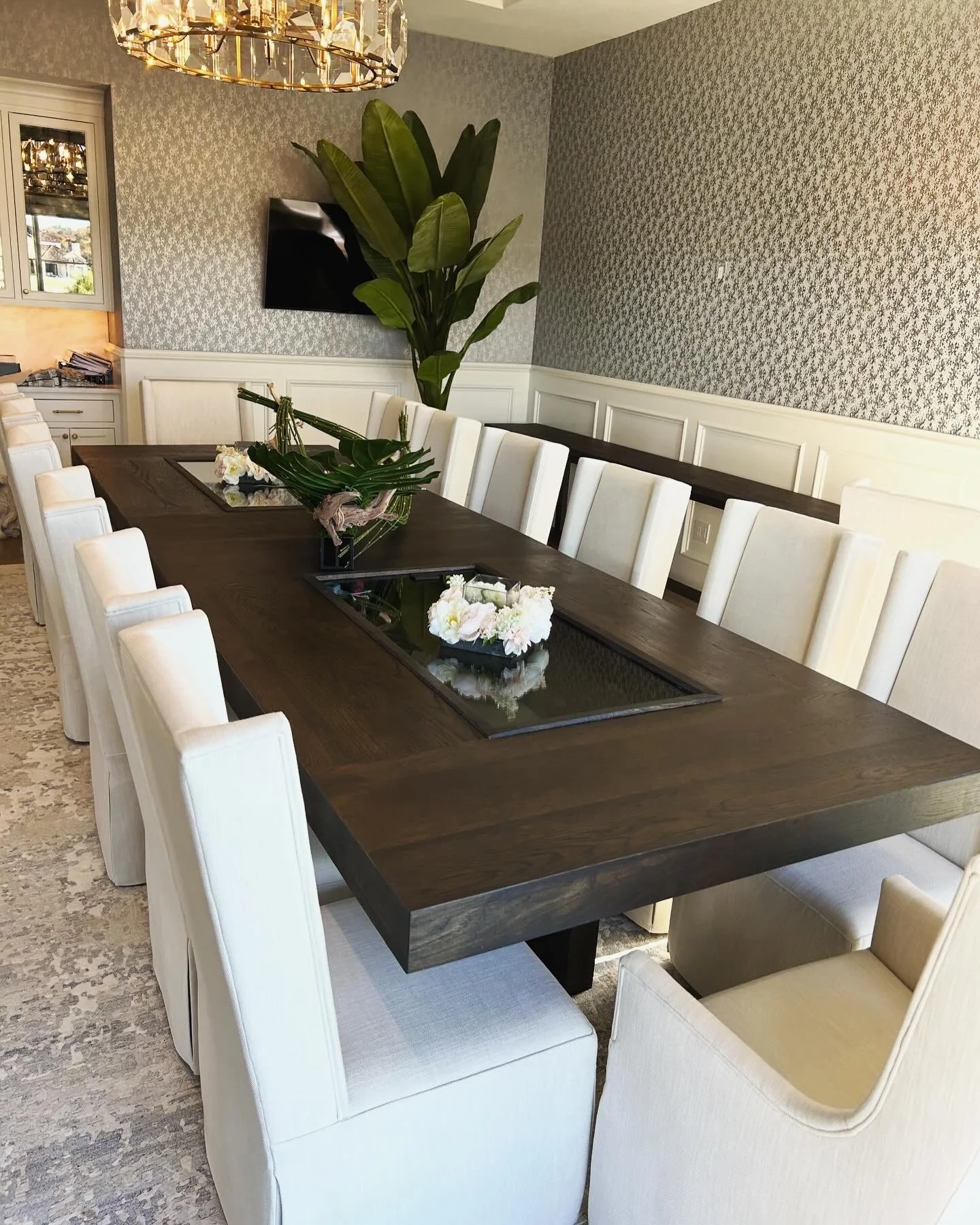 white oak table with white chairs. 14ft table with glass inserts. solid wood. table to fit 14 people