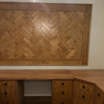 Wood Chevron furniture design. Light wood with custom l shaped desk and drawers. custom corner cabinet to hold 3d printer