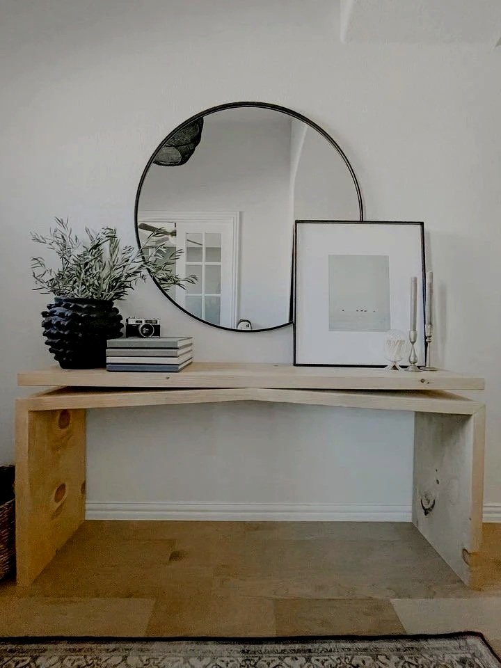 Solid wood front entry way console table custom made to fit the foyer. beautiful minimalist custom console table.