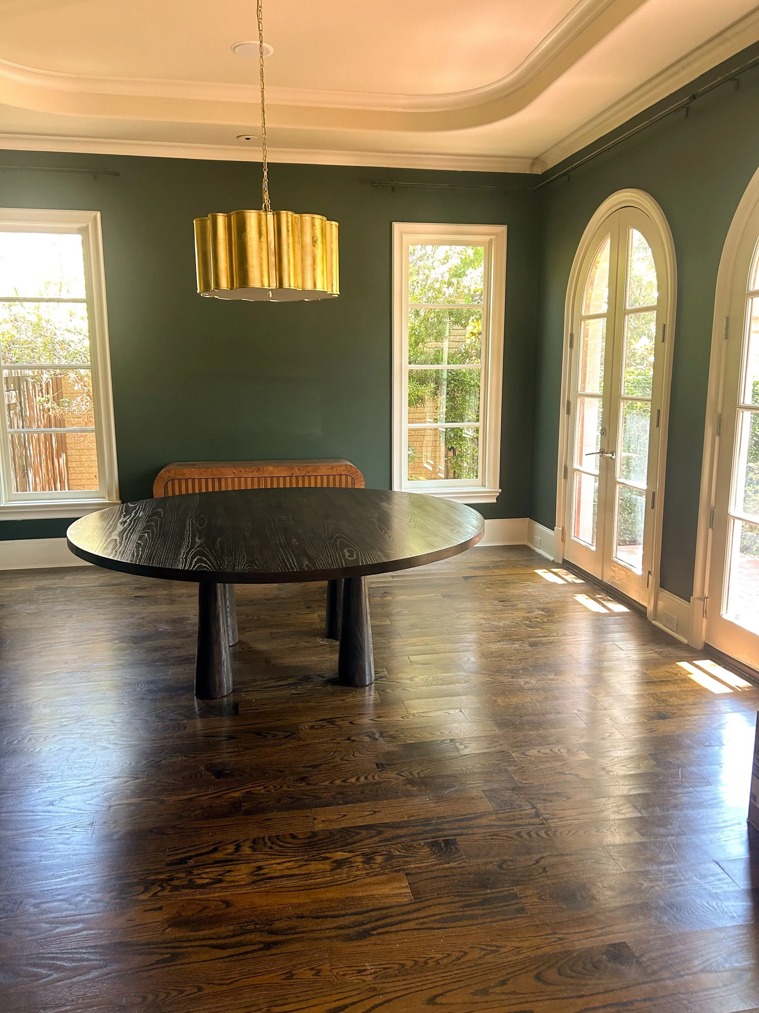 Solid ash table with unique cone and ball shaped legs. Dark wood table old money dining room style. Custom solid wood tables in dfw