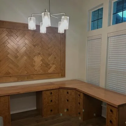 Solid wood L shaped desk Chevron desk style custom. Chevrom drawer fronts custom and hand made in dfw