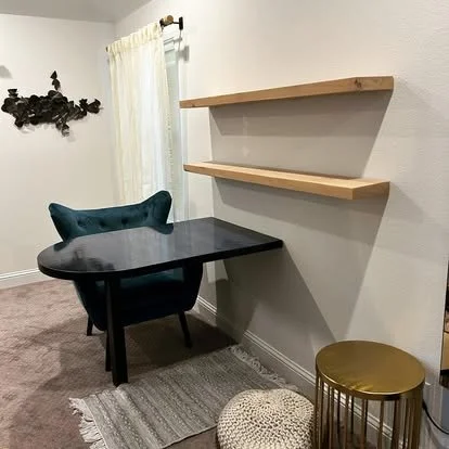 Solid wood floating shelves, with built in black desk. bedroom study area, home office, small home office
