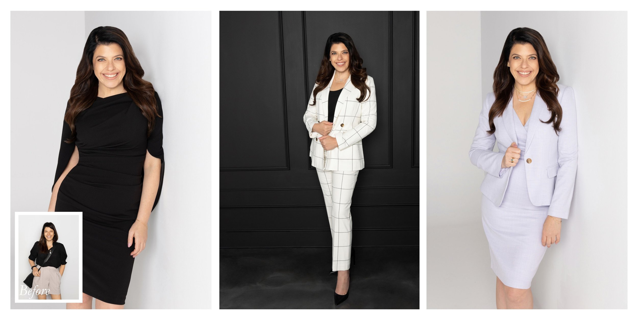 Personal branding portraits featuring a female attorney in multiple professional wardrobe looks, including black dress, white plaid suit, and lavender suit for executive marketing.