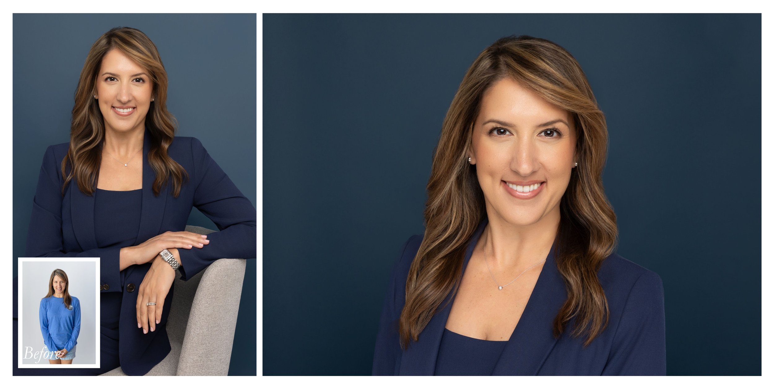 Before and after executive headshots of a female attorney wearing a navy business suit, showcasing polished professional branding photography for law firms and LinkedIn.