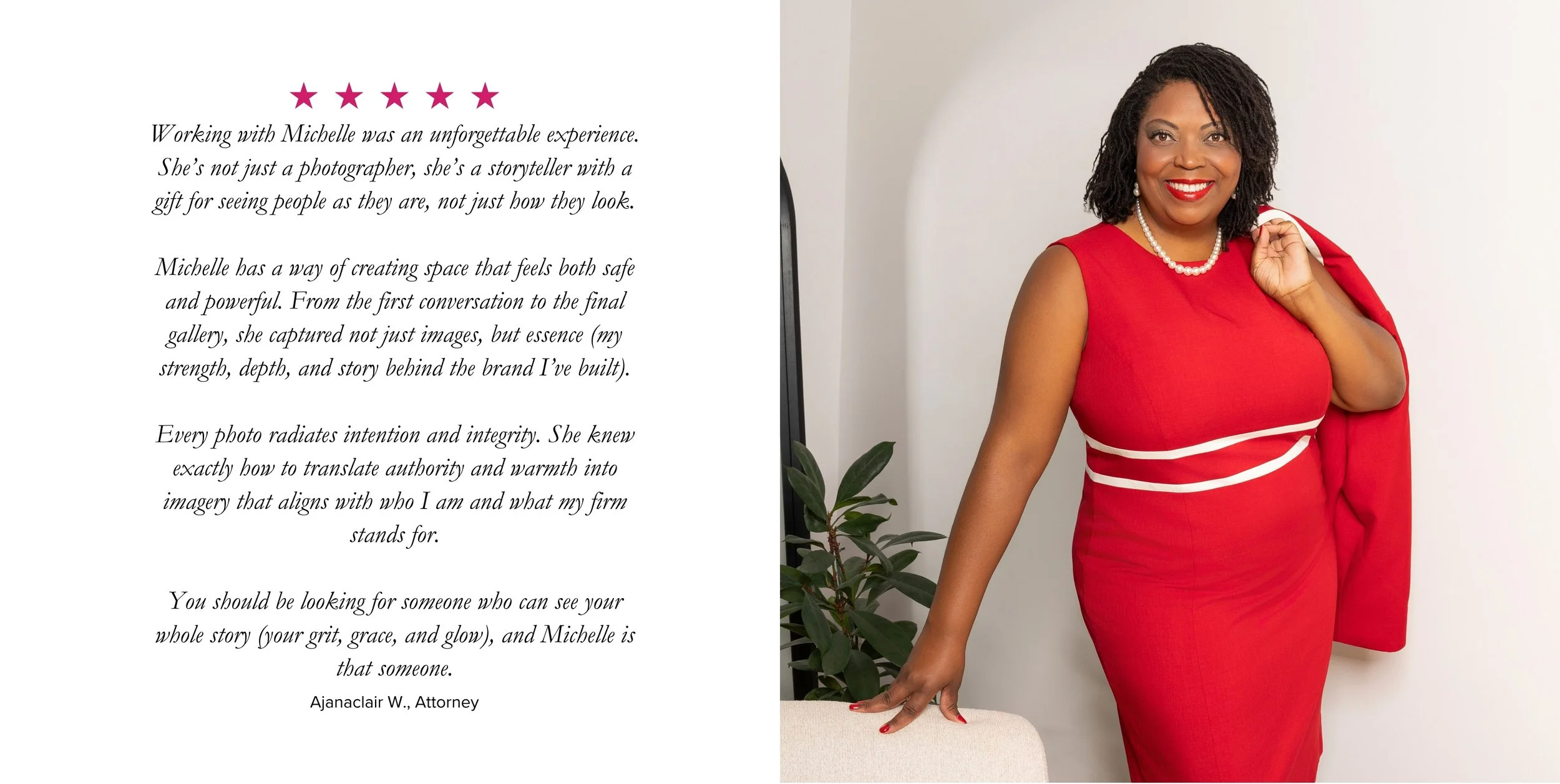 Professional branding portrait of a female attorney in a red dress alongside a client testimonial describing Michelle Citrin Studios' luxury executive branding experience.