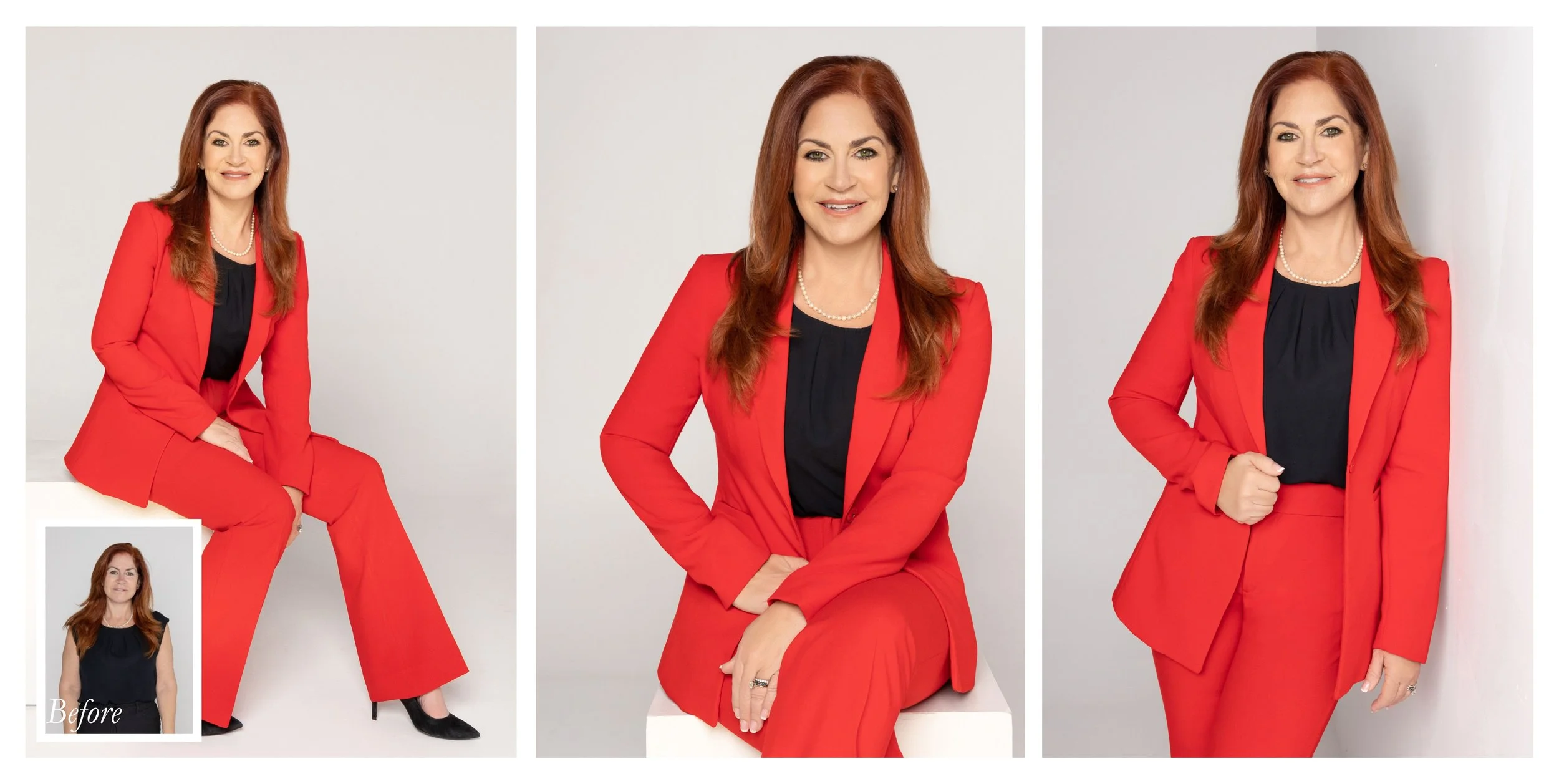 Before and after executive branding portraits of a female attorney in a bold red business suit, highlighting professional styling and luxury headshots.