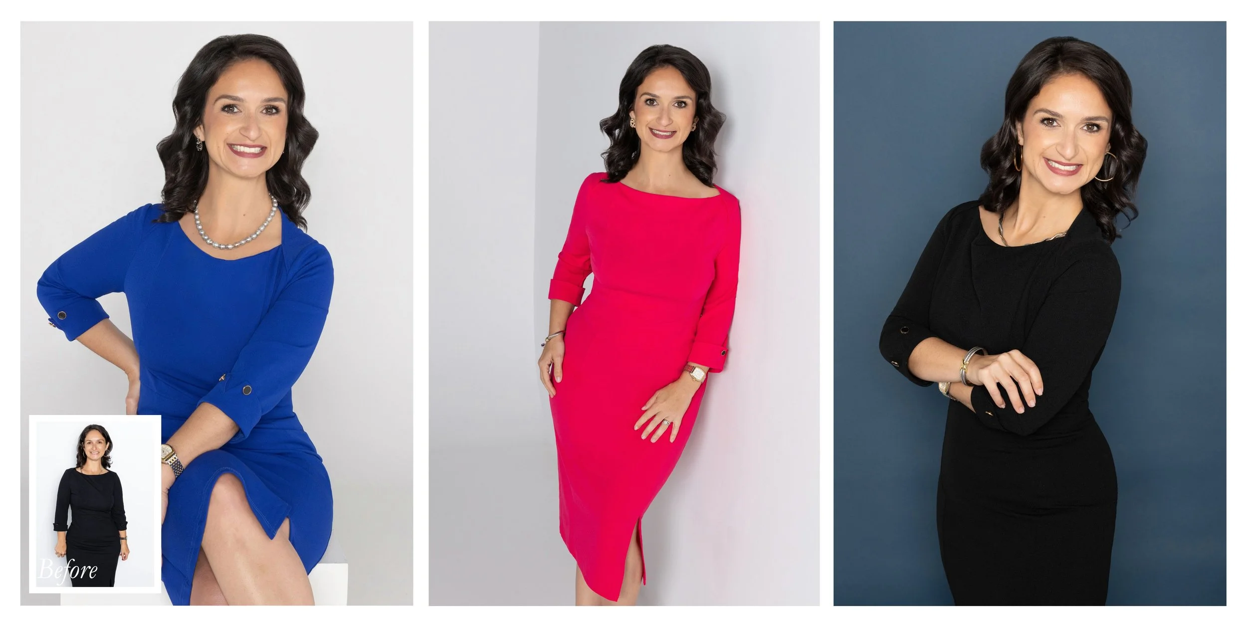 Professional branding portraits featuring a female attorney in blue, pink, and black business attire for executive headshots and personal branding.