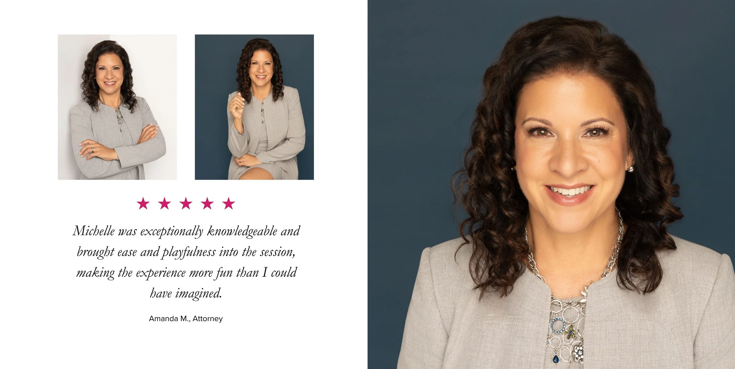 Executive headshot of a female attorney alongside a client testimonial describing Michelle Citrin Studios' professional branding experience.