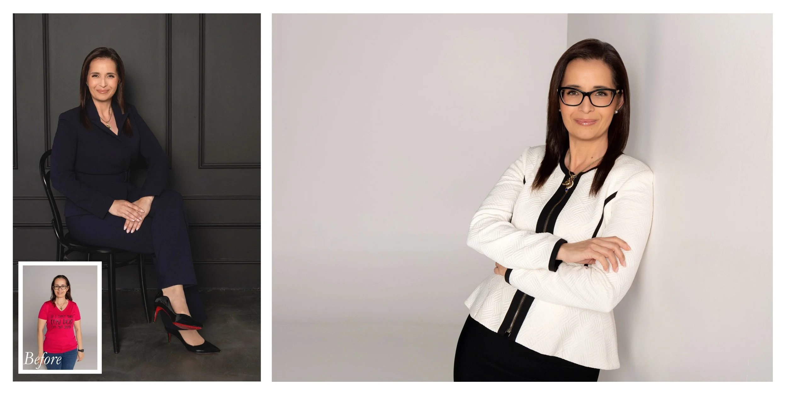 Before and after executive branding portraits of a female attorney wearing professional business attire and glasses, highlighting the transformation through styling and posing.