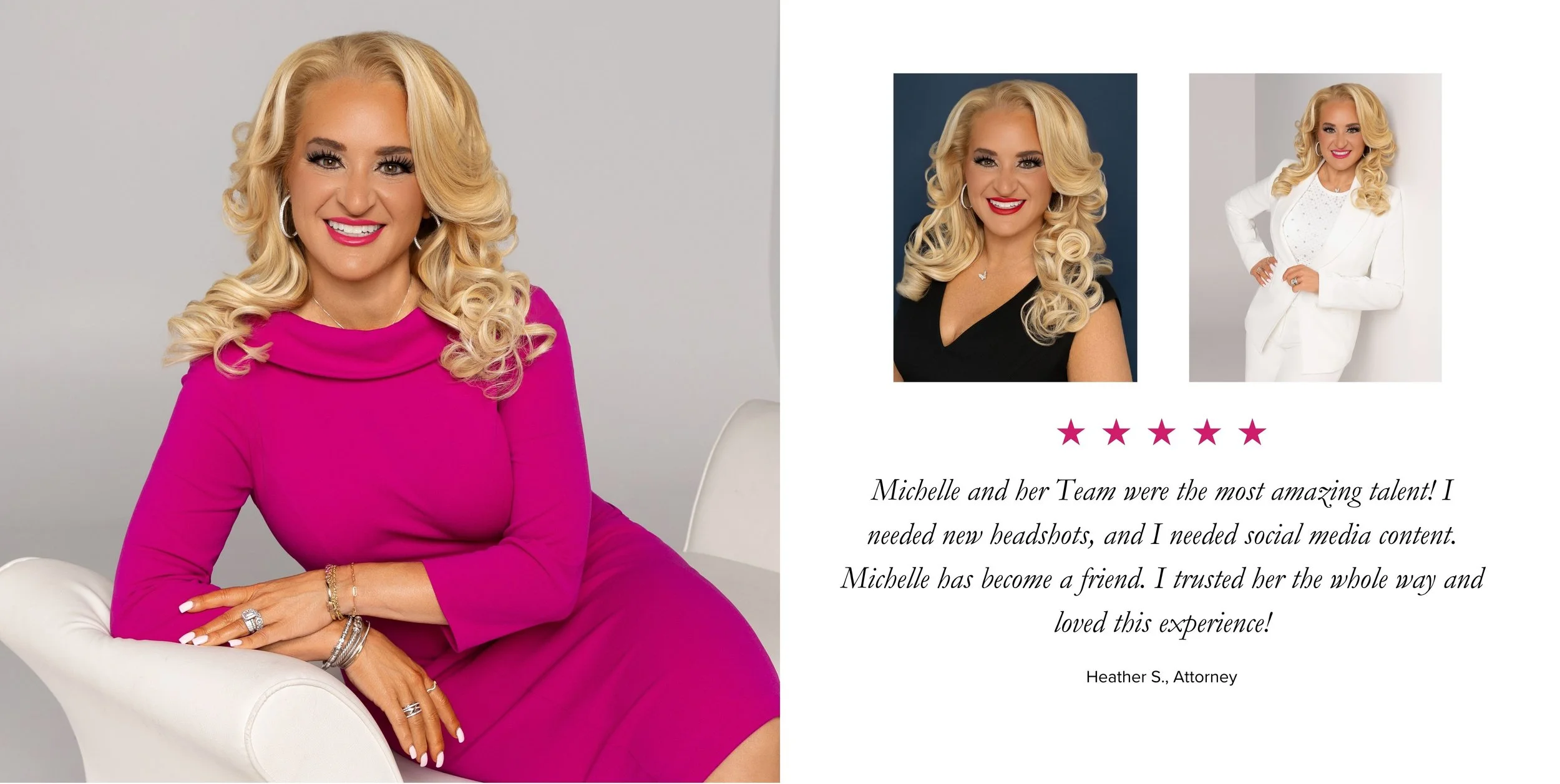 Executive branding portrait of a female attorney in a vibrant pink dress alongside a client testimonial about her professional headshot experience.
