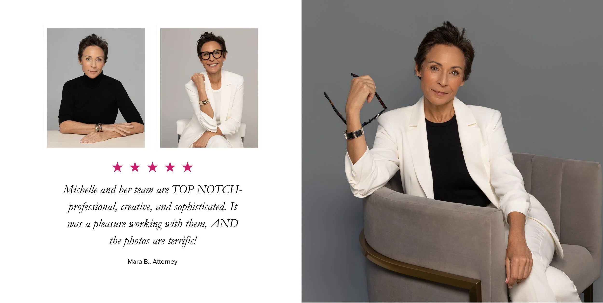 Professional attorney branding portrait paired with a client testimonial highlighting Michelle Citrin Studios' luxury executive headshot experience