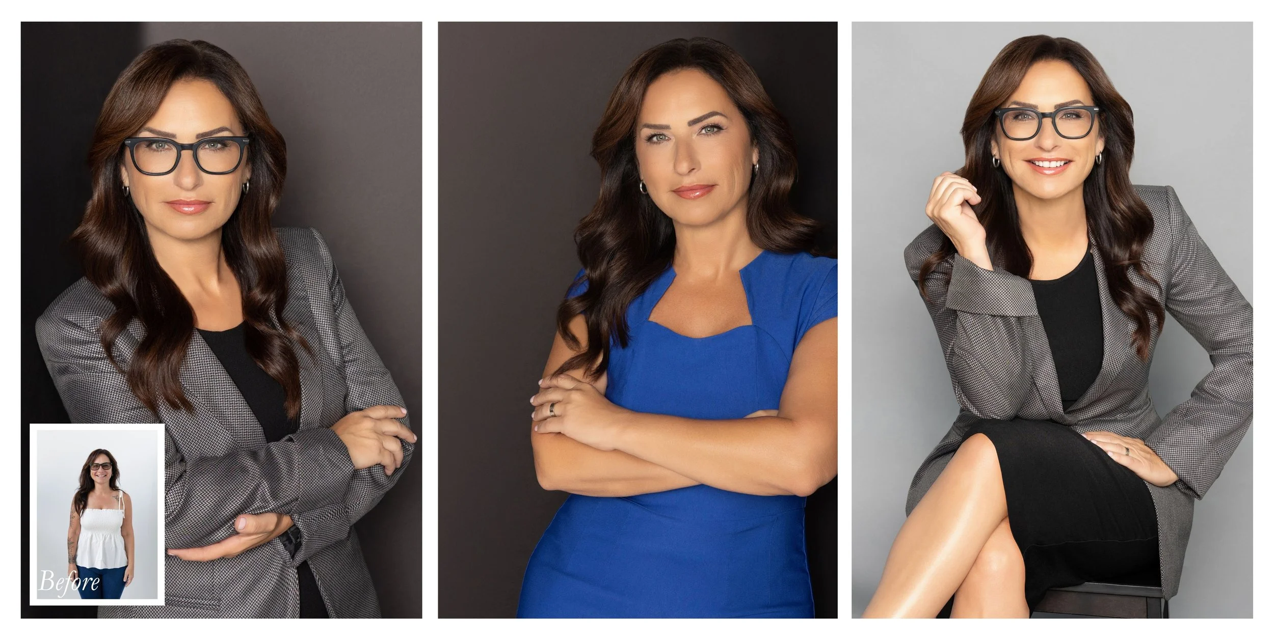 Before and after executive branding portraits of a female attorney featuring professional styling, gray business blazer, blue dress, and modern executive headshots by Michelle Citrin Studios.