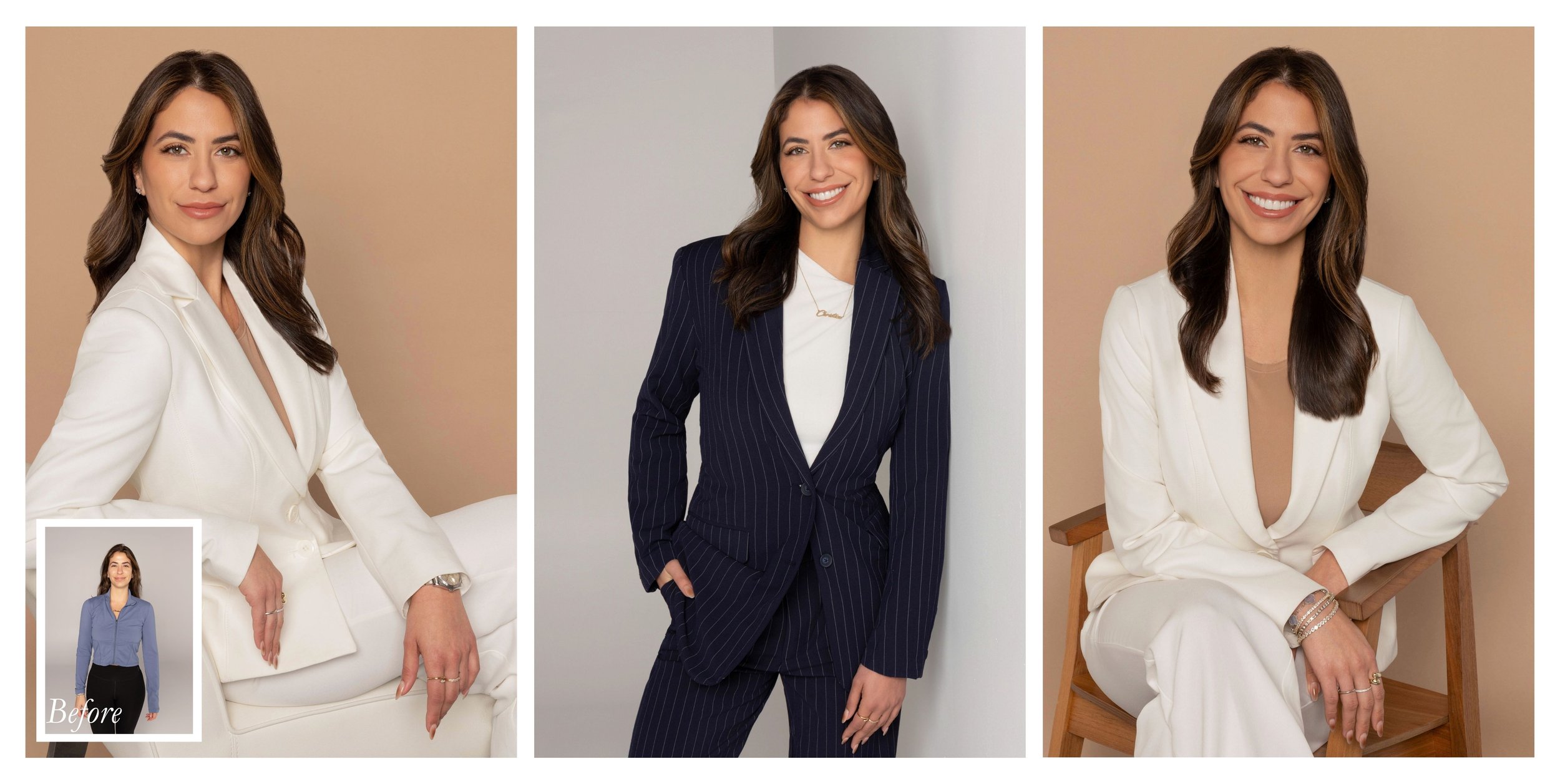 Professional branding portraits featuring a female attorney in white and navy business suits with polished executive headshots for marketing and LinkedIn.
