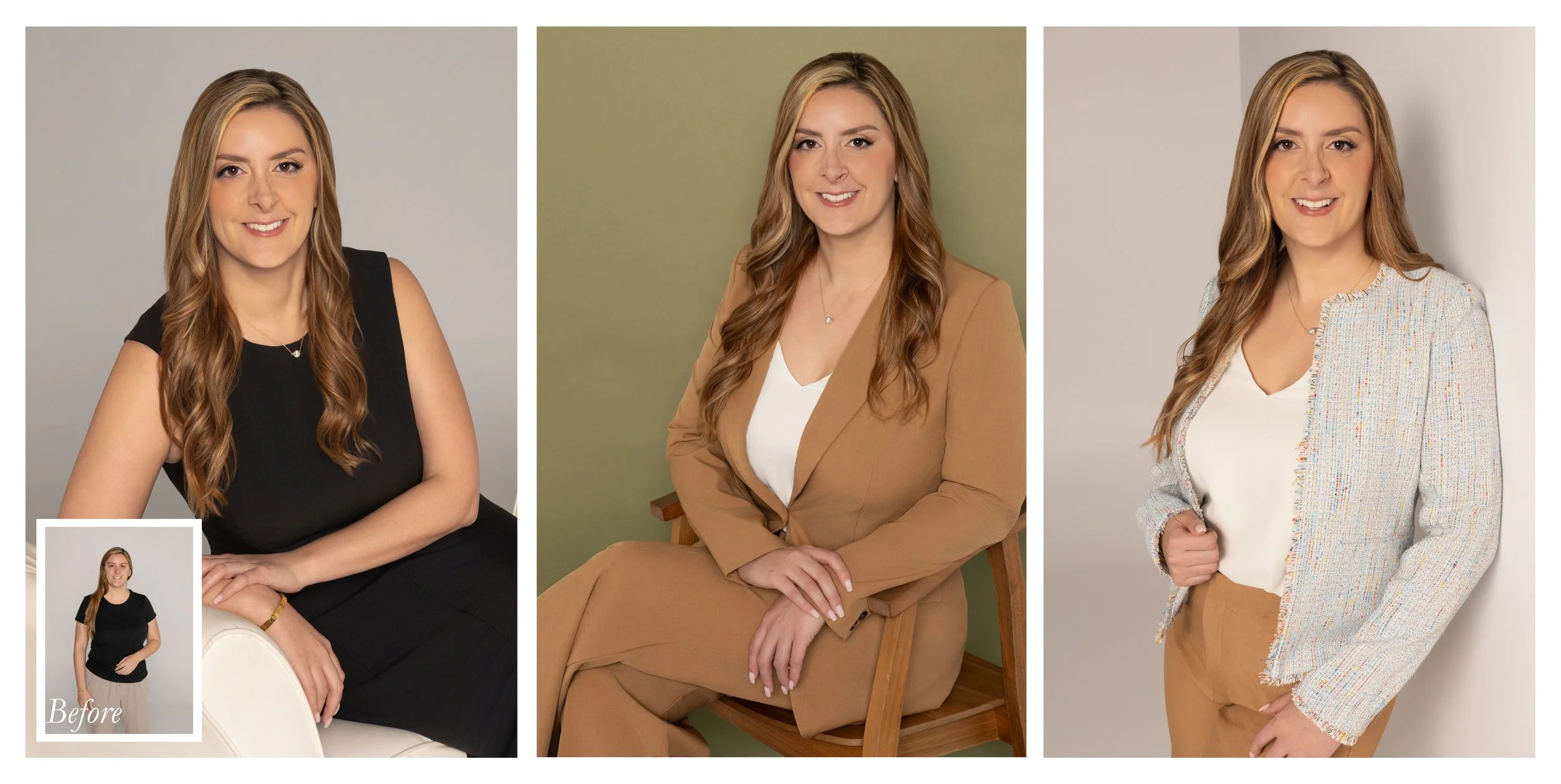 Professional branding portraits of a female attorney wearing neutral business attire with multiple polished looks for websites, LinkedIn, and marketing materials.