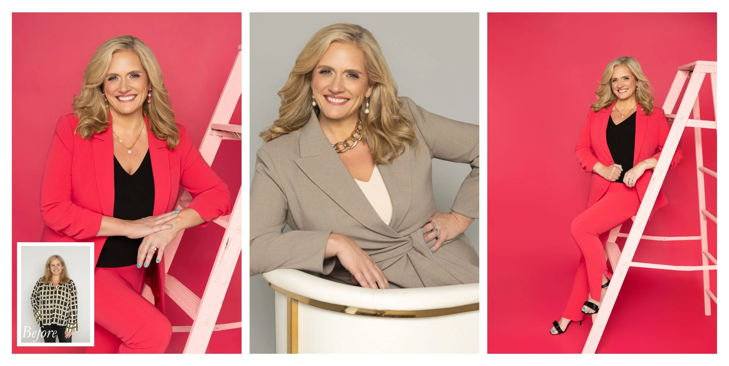 Professional branding portraits of a female attorney wearing a bright pink pantsuit, including seated and full-length executive headshots designed to elevate her professional brand.