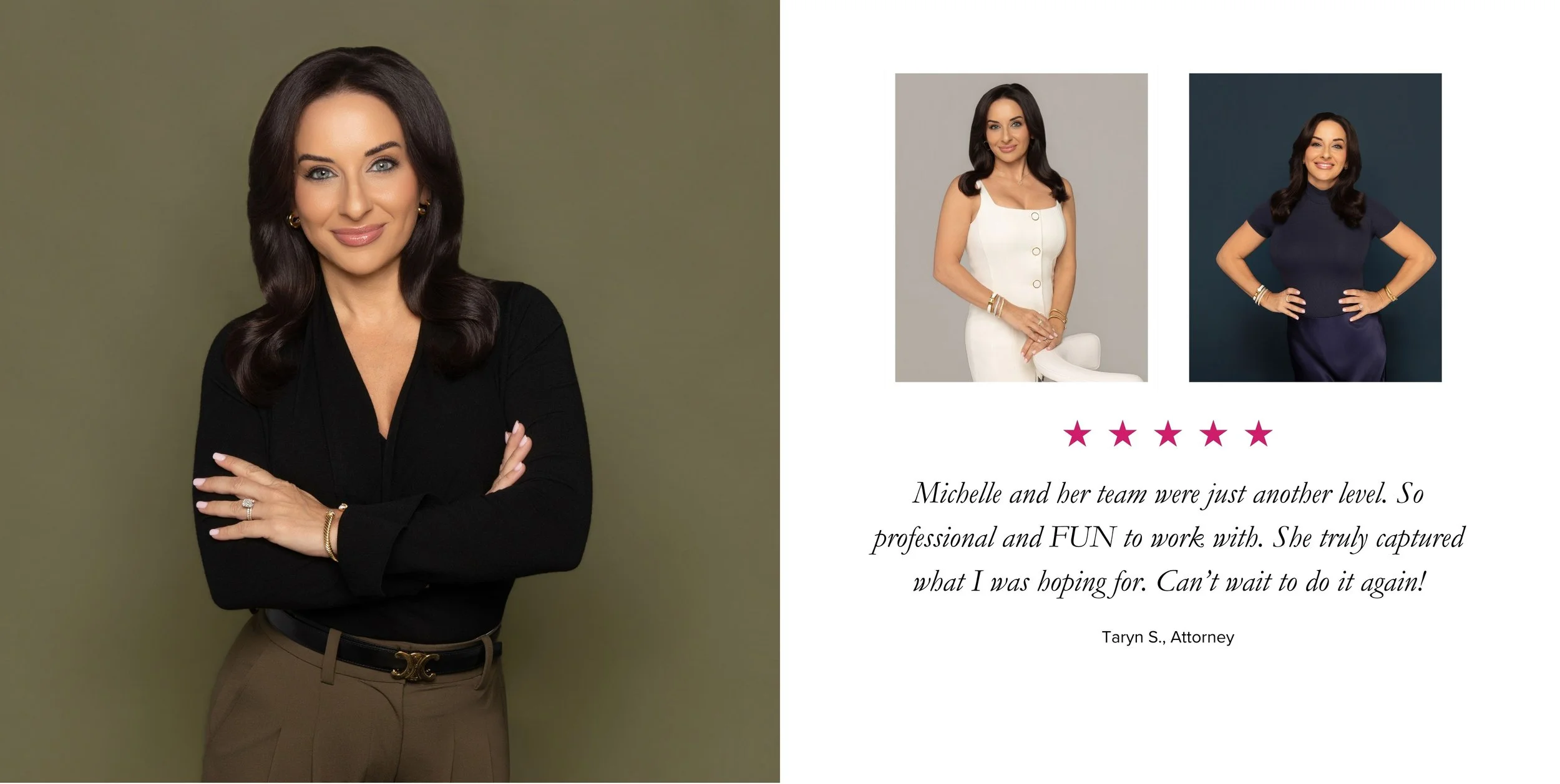 Professional branding portrait of a female attorney paired with a client testimonial highlighting the luxury headshot experience at Michelle Citrin Studios.