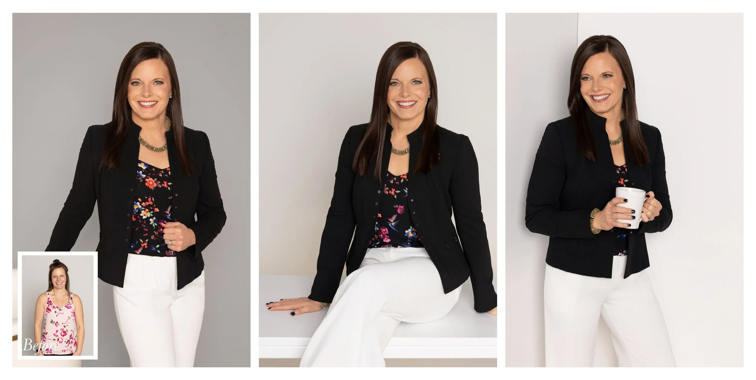 Before and after branding portraits of a female attorney featuring multiple business looks designed for executive marketing, LinkedIn, and professional visibility.