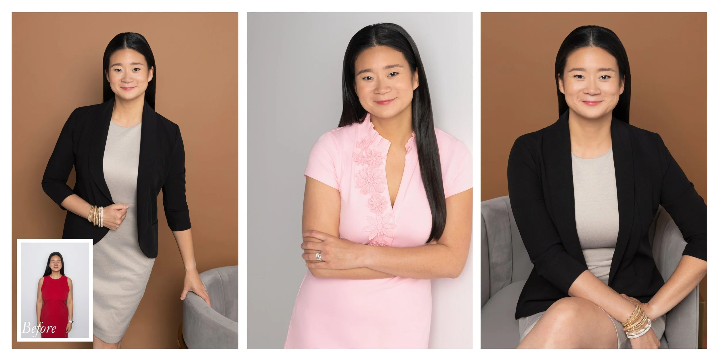 Personal branding portraits of a female attorney featuring multiple professional wardrobe changes, including black blazer, pink dress, and executive business attire.