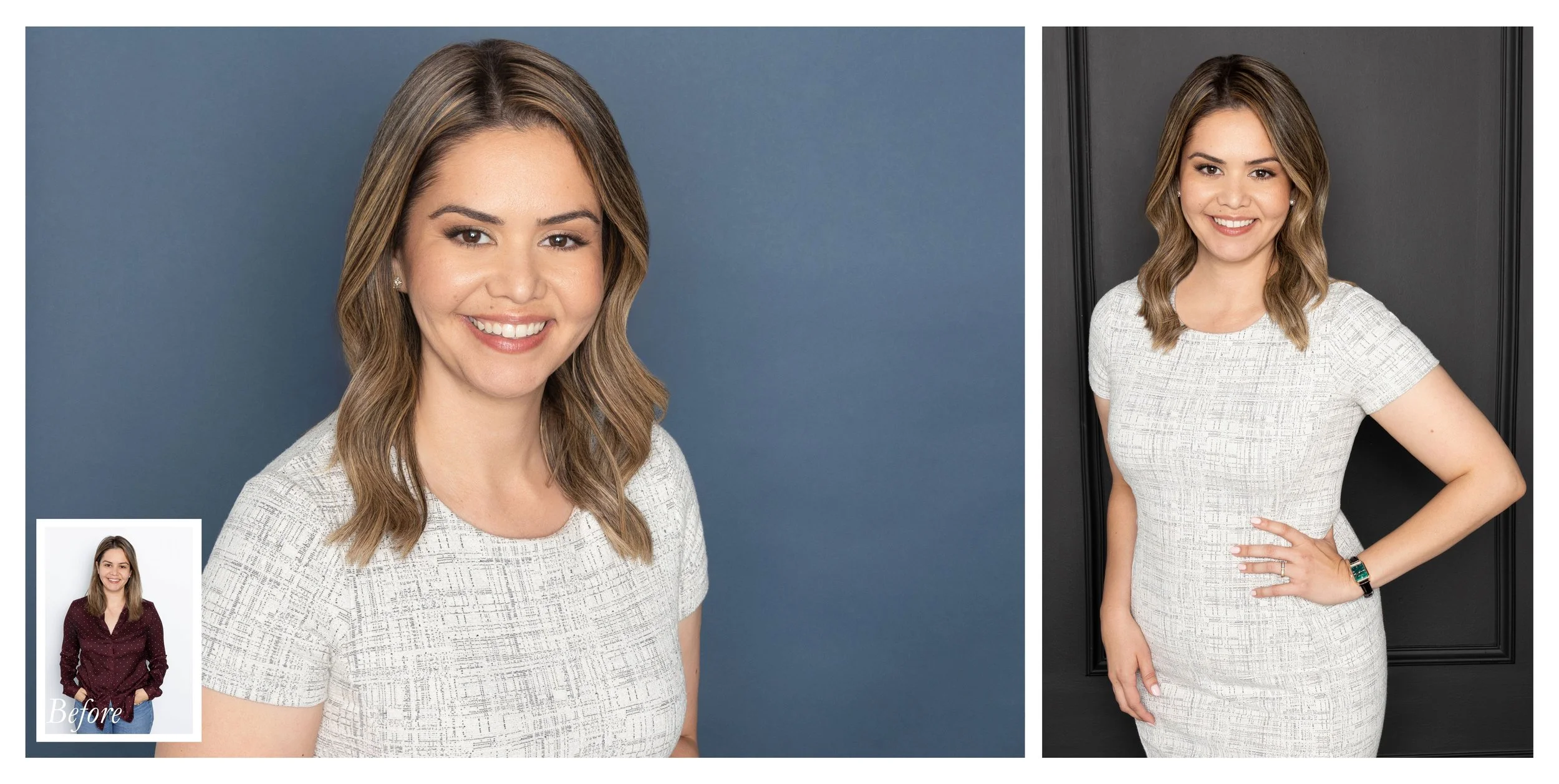 Before and after professional headshots of a young female attorney featuring updated styling, posing, and polished executive branding portraits.