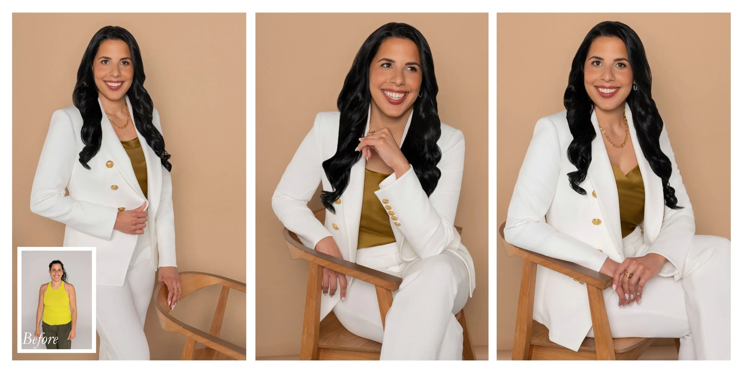 Personal branding portraits of a female attorney wearing a white business suit, showcasing polished executive headshots for professional marketing and law firm branding.