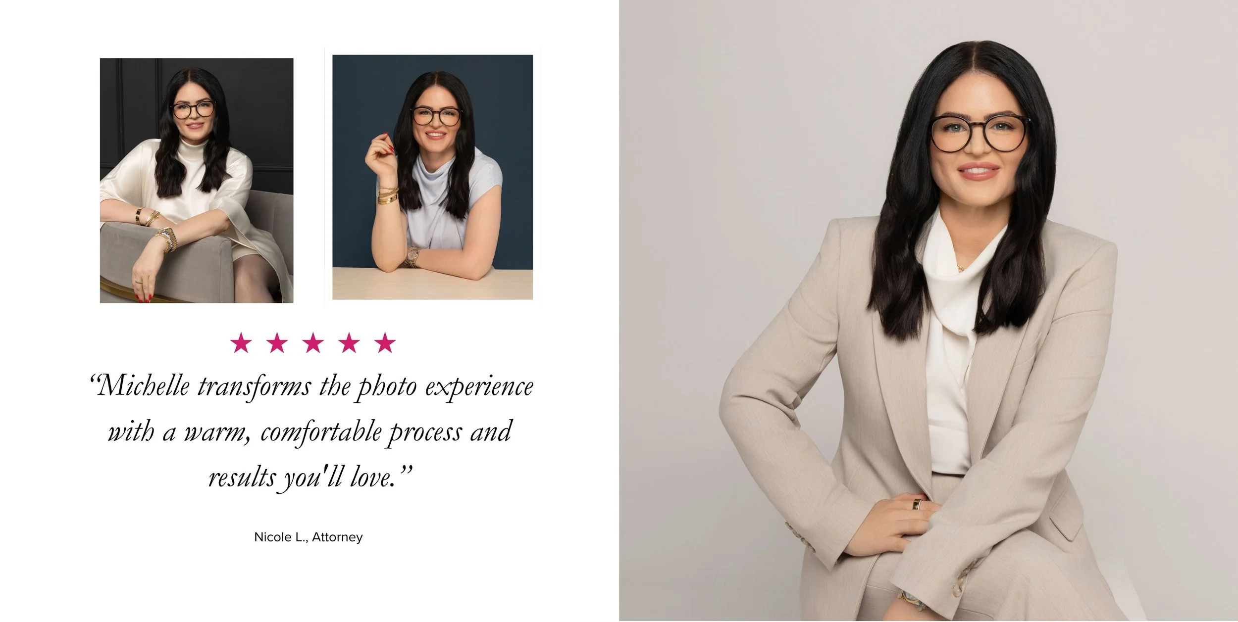 Professional attorney headshots paired with a client testimonial describing Michelle Citrin Studios' warm, comfortable experience and executive portrait results.