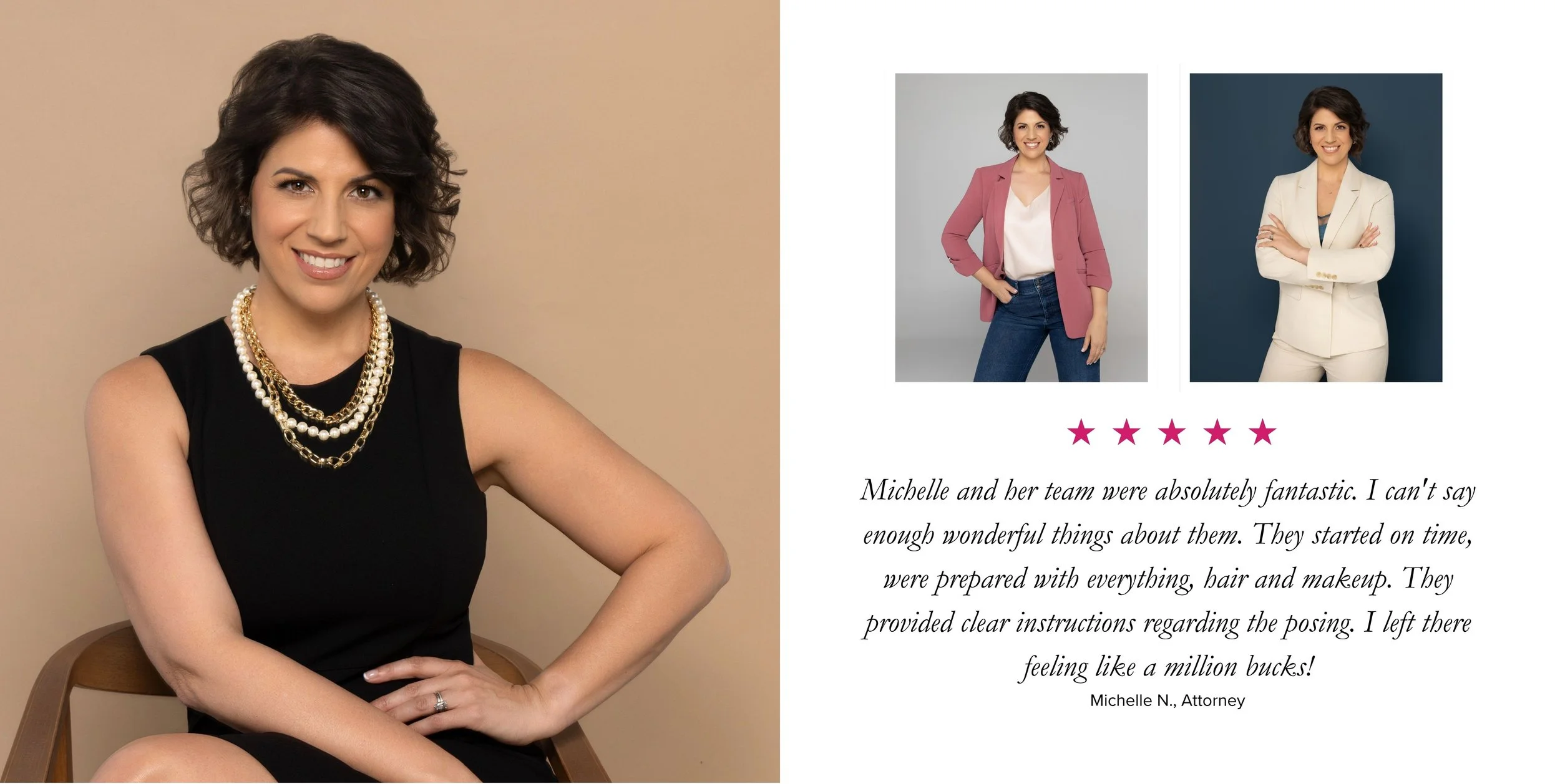 Professional branding portrait of a female attorney paired with a client testimonial about the executive branding experience at Michelle Citrin Studios.
