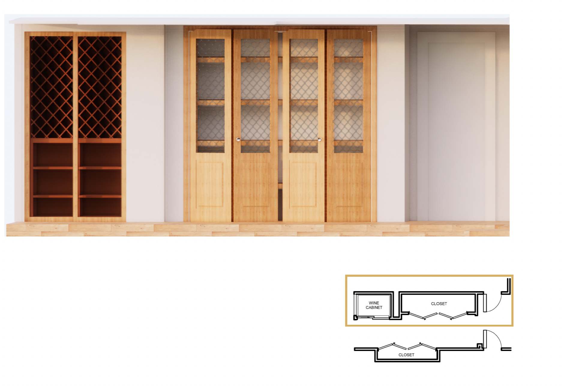Interior design cabinetry elevation showing custom wine storage and closet layout planning