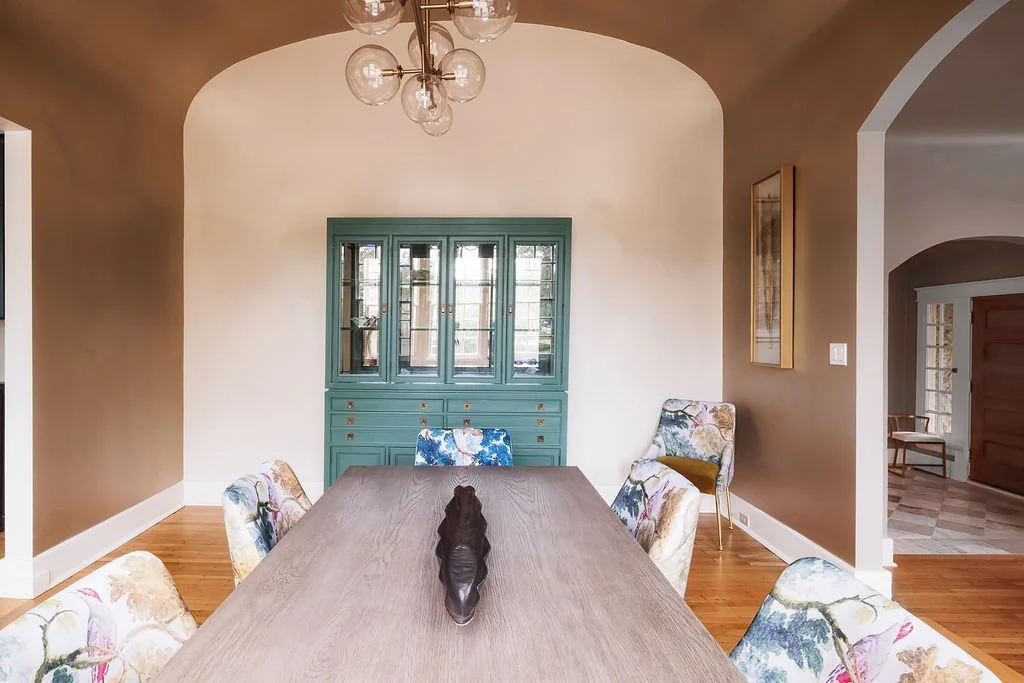 Teal china hutch in the dining room
