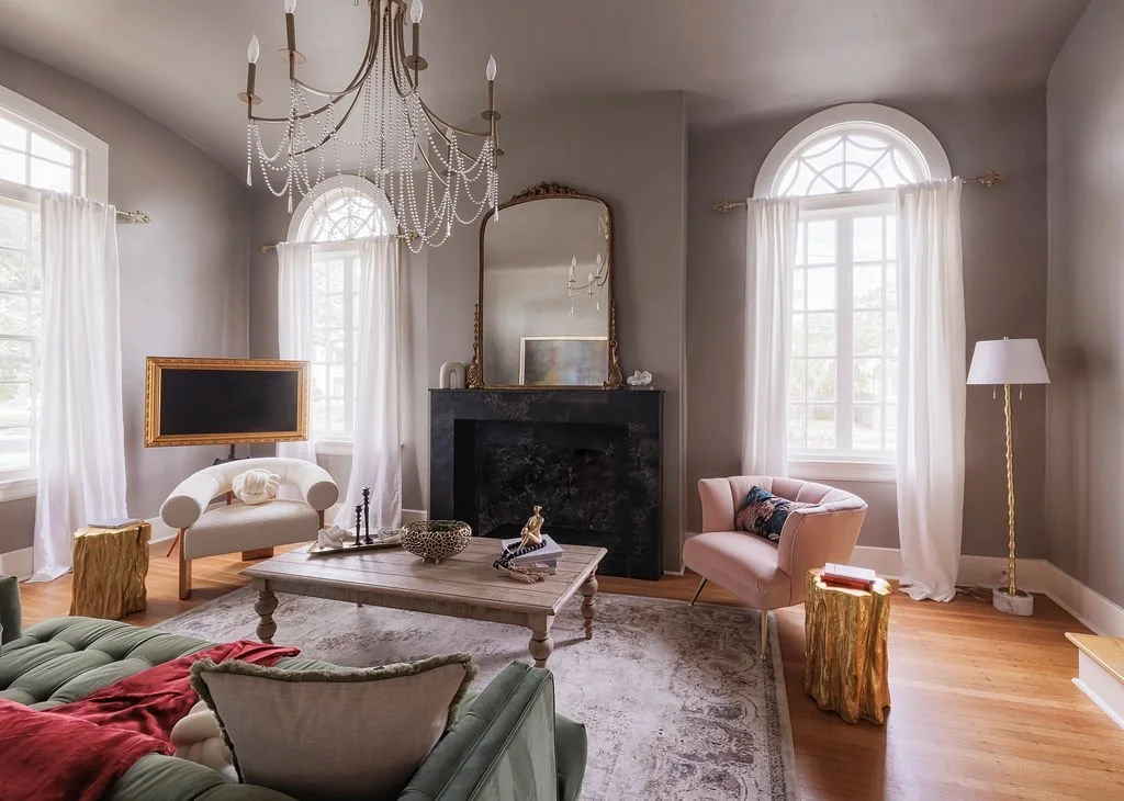 Living room with rebuilt fireplace