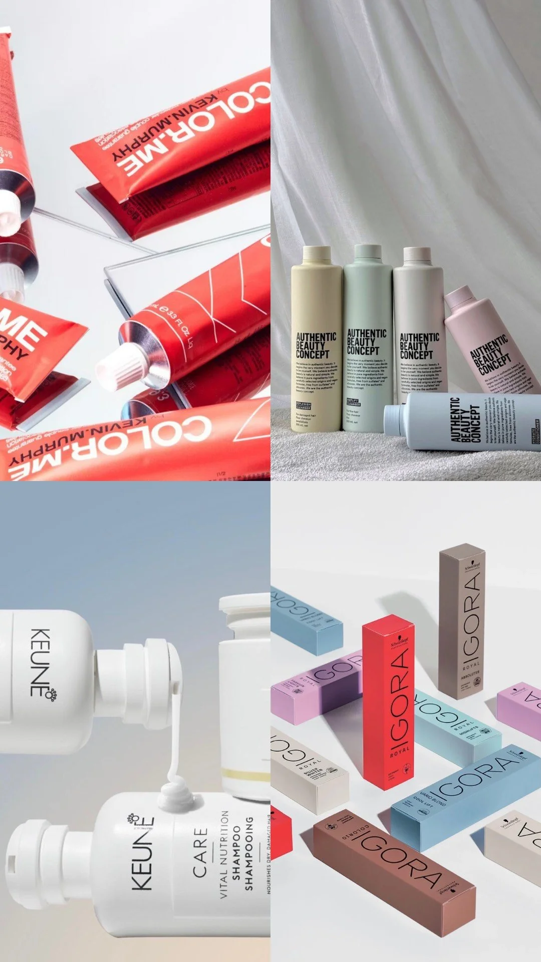 Collage de divers produits cosmétiques et de soins capillaires, notamment des crèmes, shampoings et produits de beauté.