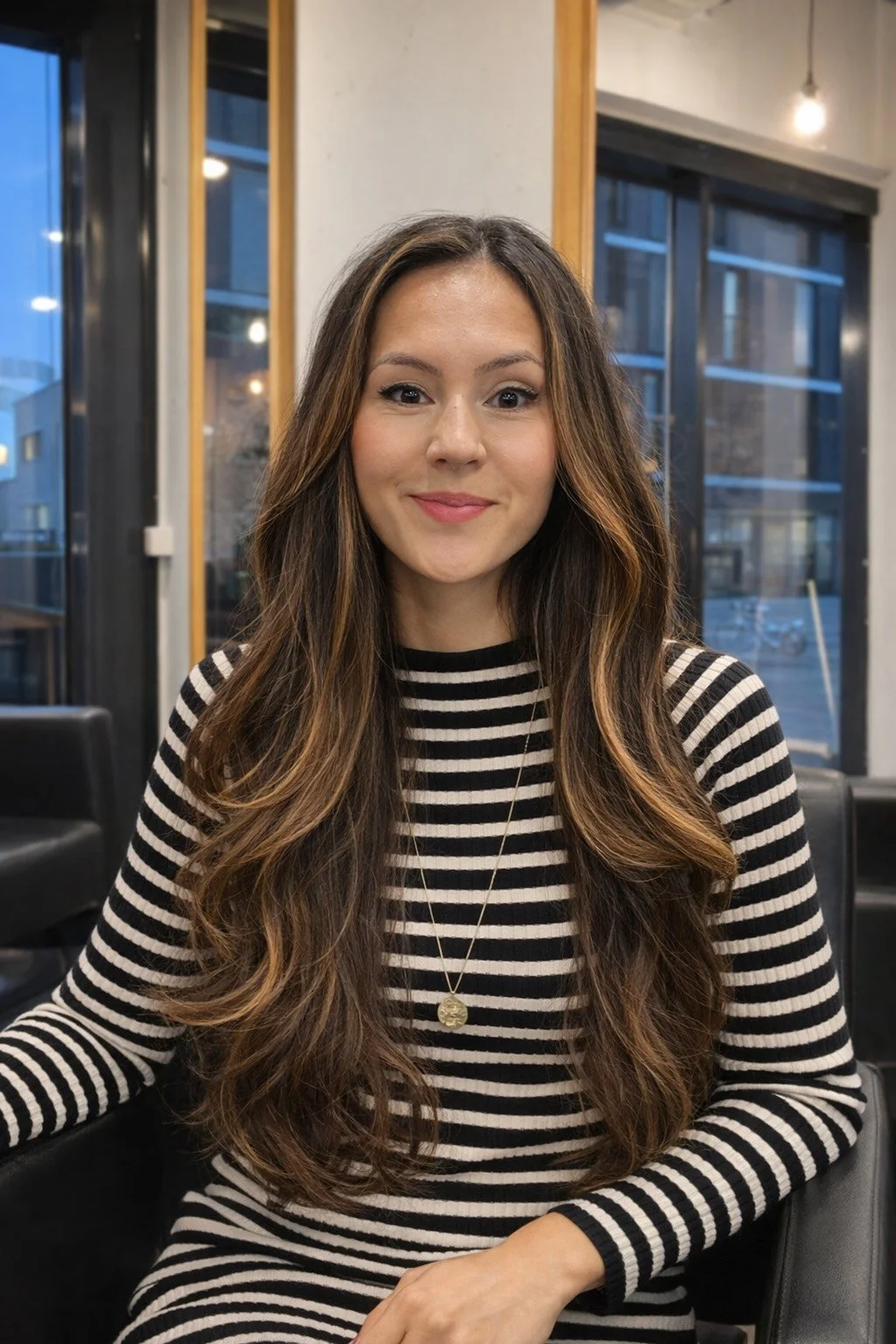 Jeune femme assise dans un café, portant un pull à rayures noires et blanches, avec des cheveux longs et ondulés, sourire apaisant, fond de fenêtres et intérieur moderne.