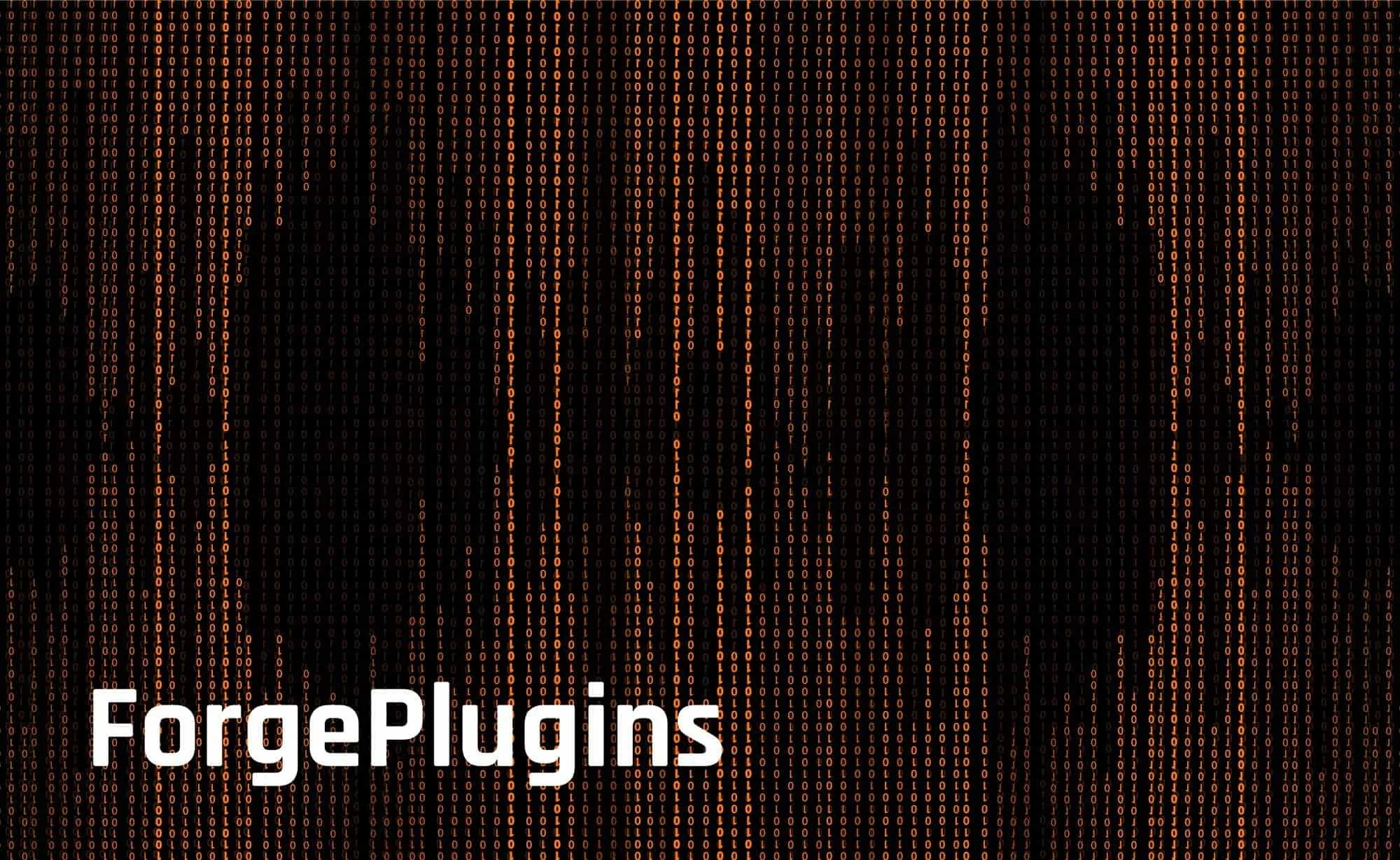 Digital code with orange binary numbers on a black background, with the text 'ForgePlugins' in white at the bottom left corner.