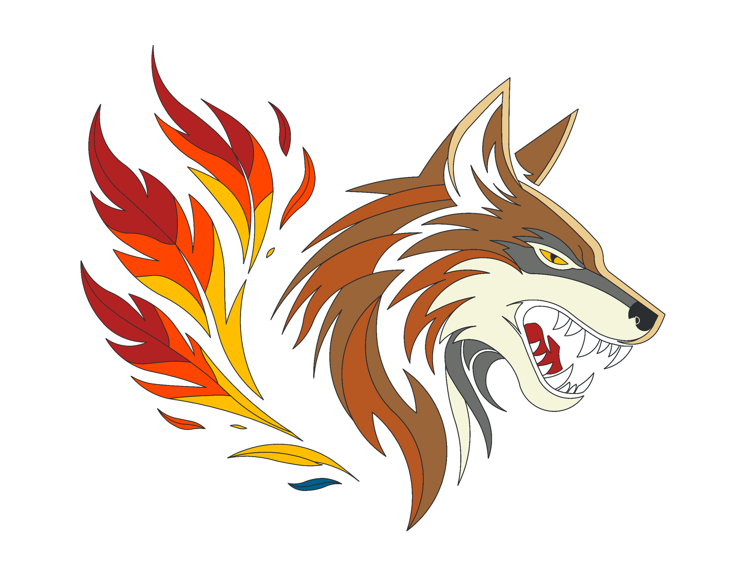 Illustration of a fierce wolf head with yellow eyes, sharp teeth, and brown, black, and white fur, with fiery orange, red, and yellow flames emerging from behind it.