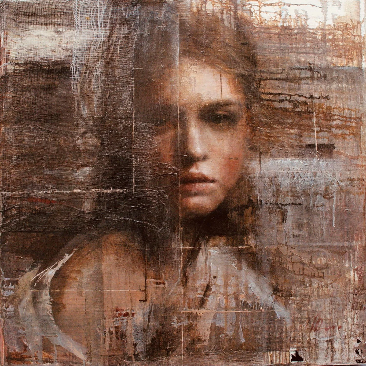Mixed media portrait of a woman with long hair, blending realistic and abstract elements, with textured background and distressed appearance.