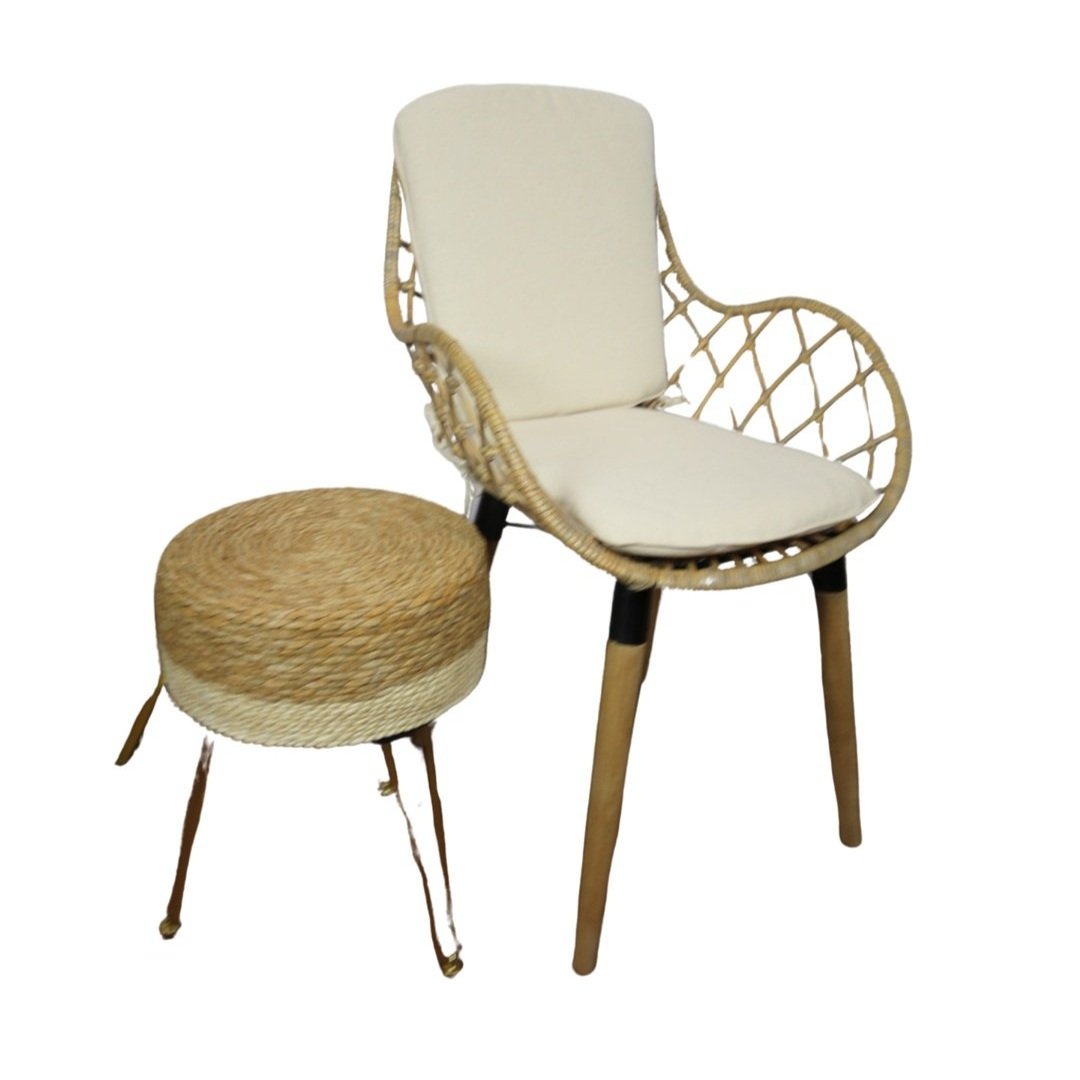 Boho chair and Rattan boho round side table-21" x 16" x 33"