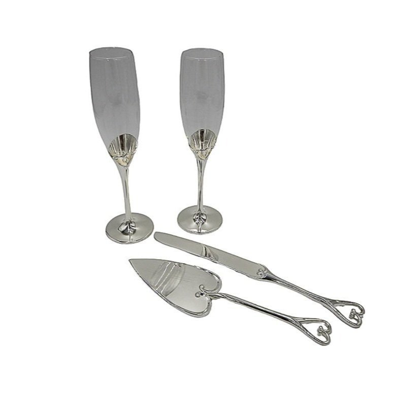 His & Hers Silver Glass Toasting Glasses w/Cake Cutter & Server