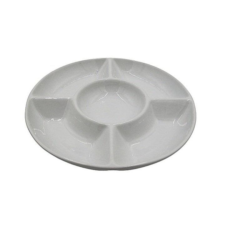 5-Sectioned White Ceramic Circular Serving Tray-12 in diameter