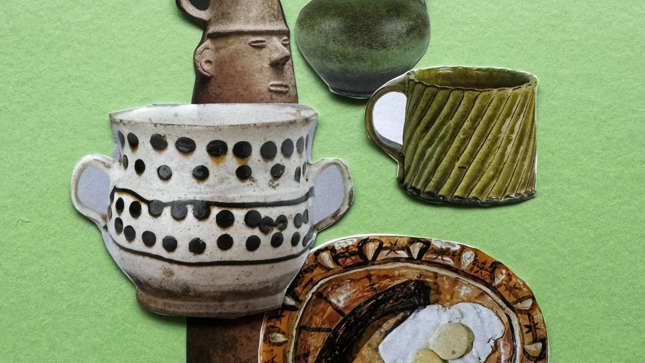 Collection of ceramic and clay animal-shaped and decorative cups and mugs on a green background.