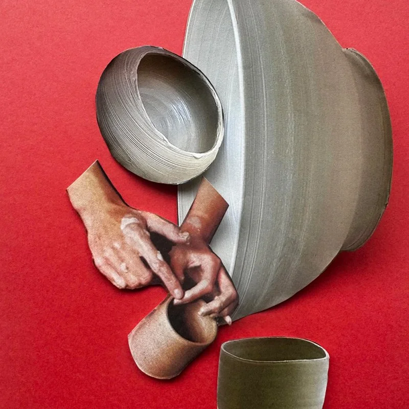 Collage of clay pottery pieces and a cutout of two hands shaping clay on a red background.