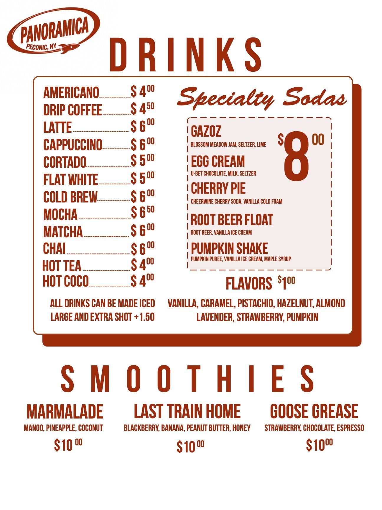 Menu for Panoramica in Peconic, NY, featuring coffee drinks, specialty sodas, and smoothies.