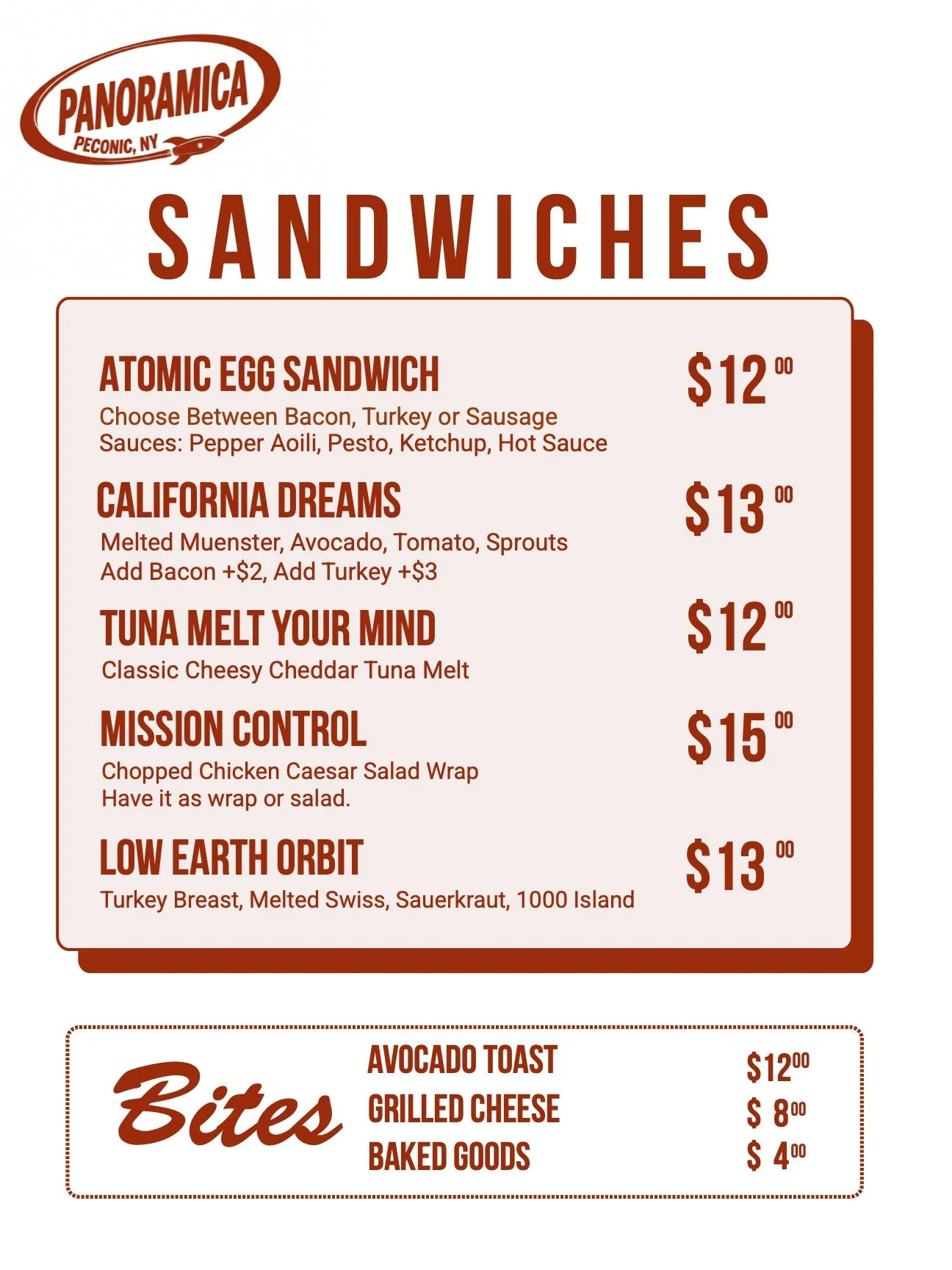 Menu board from Panoramica Peconic NY featuring various sandwiches and bites, including Atomic Egg Sandwich, California Dreams, Tuna Melt Your Mind, Mission Control, Low Earth Orbit, and sides like avocado toast, grilled cheese, baked goods.