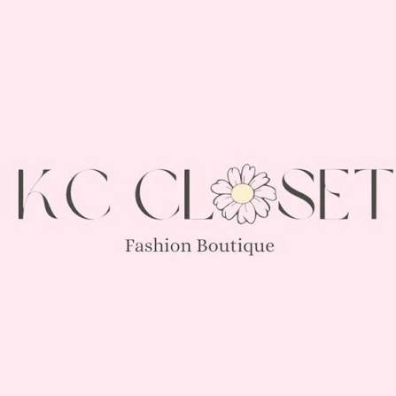 Logo for KC Closet Fashion Boutique with pink background, black text, and a daisy flower in the middle of the text.
