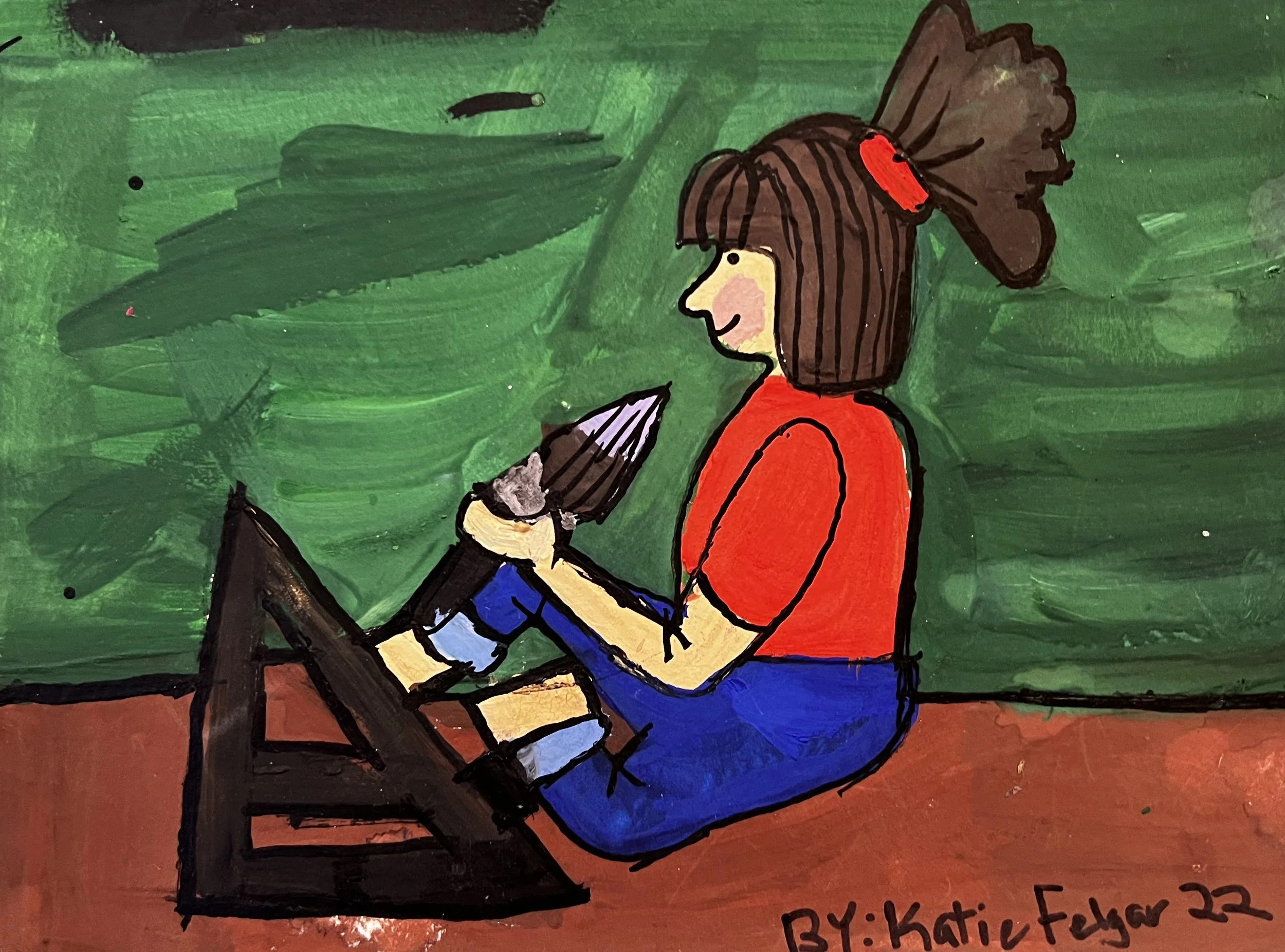 Woman holding a paintbrush, seated in front of an easel