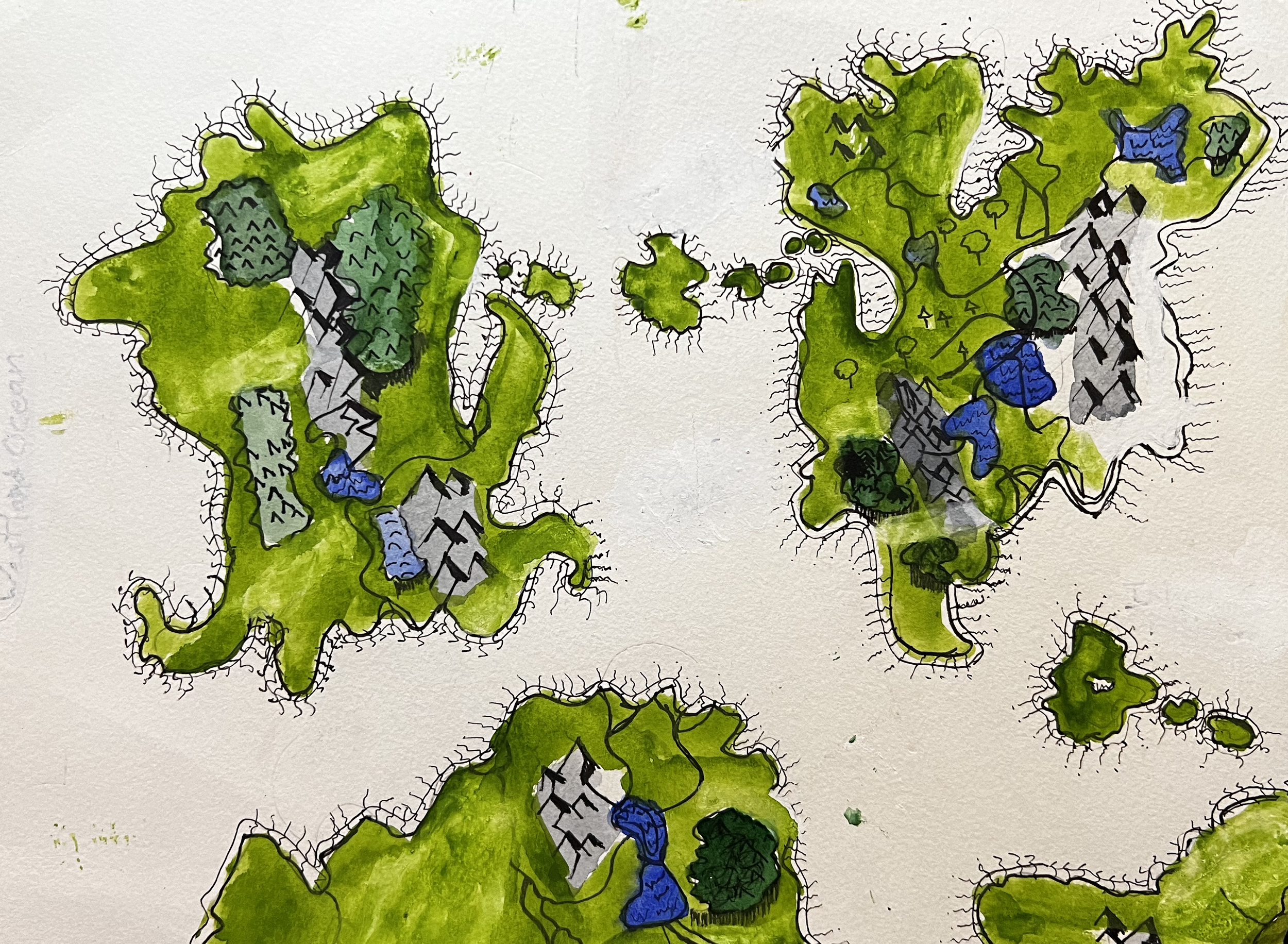 Abstracted map, ink and watercolor