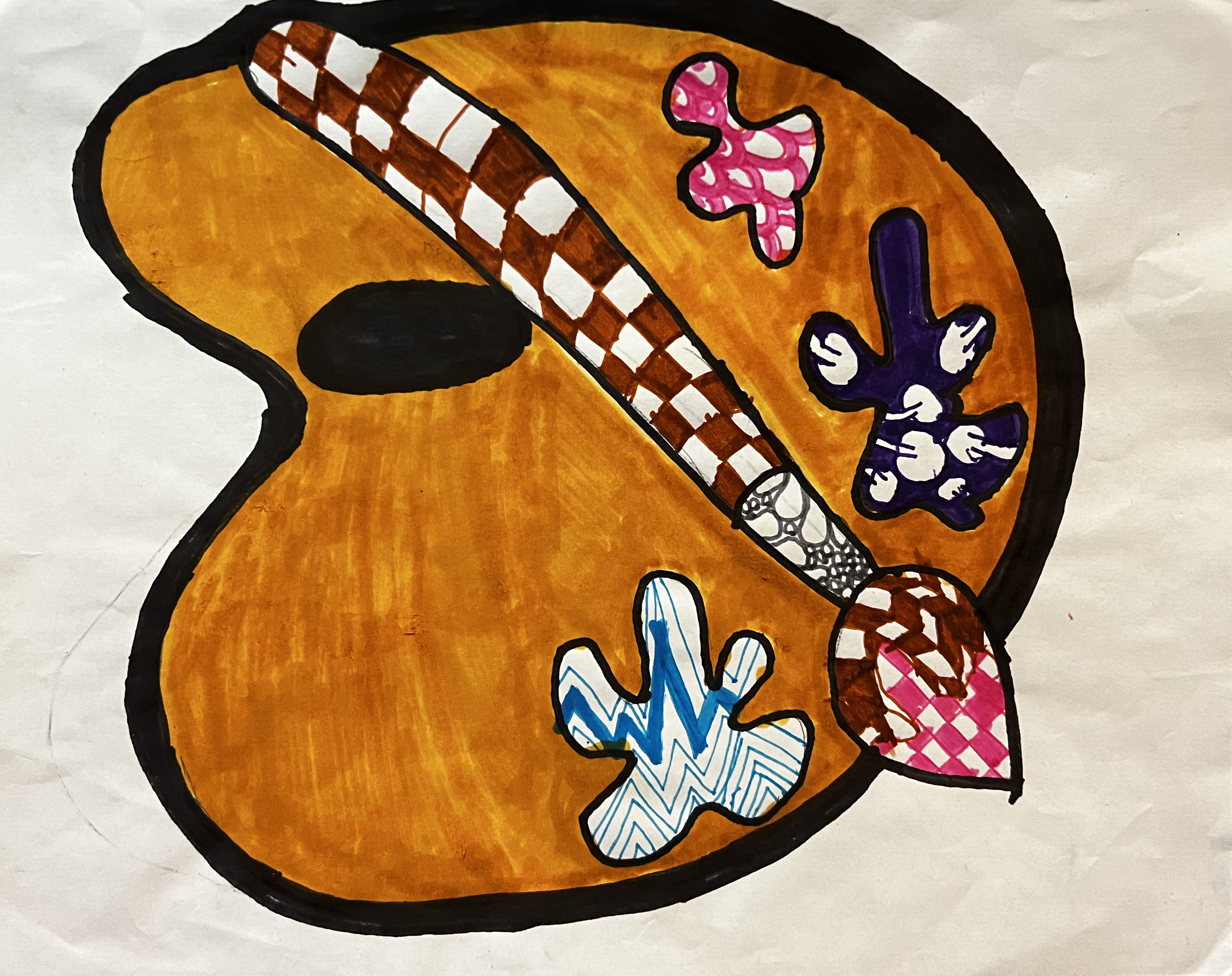 Palettle and paintbrush, the paint blothces on the palette are defined more by pattern than by color