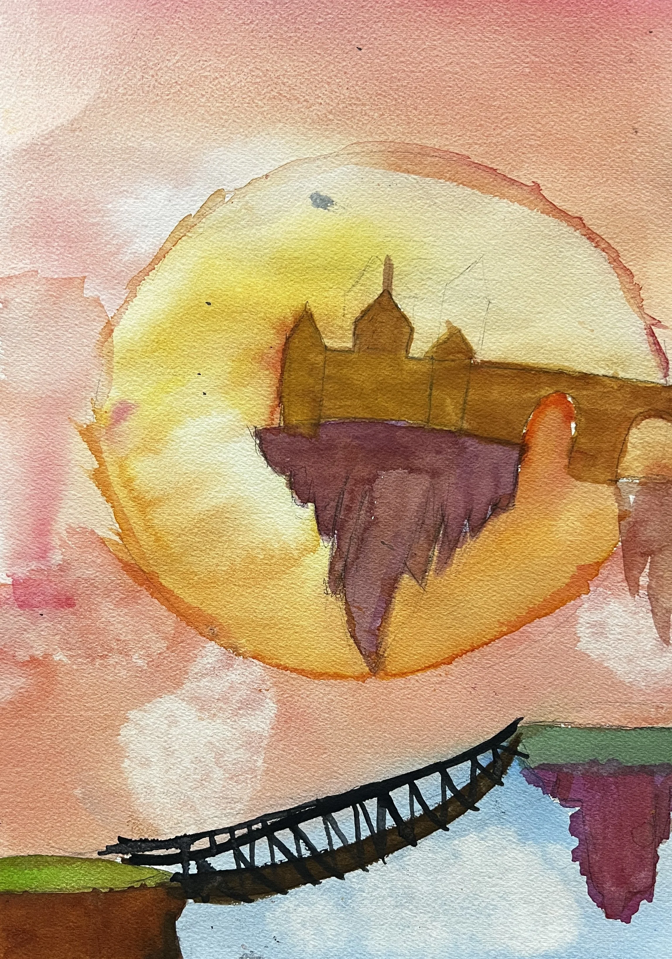 Castle on a floating island silhouetted against a sunset, with a bridge between more islands in the foreground